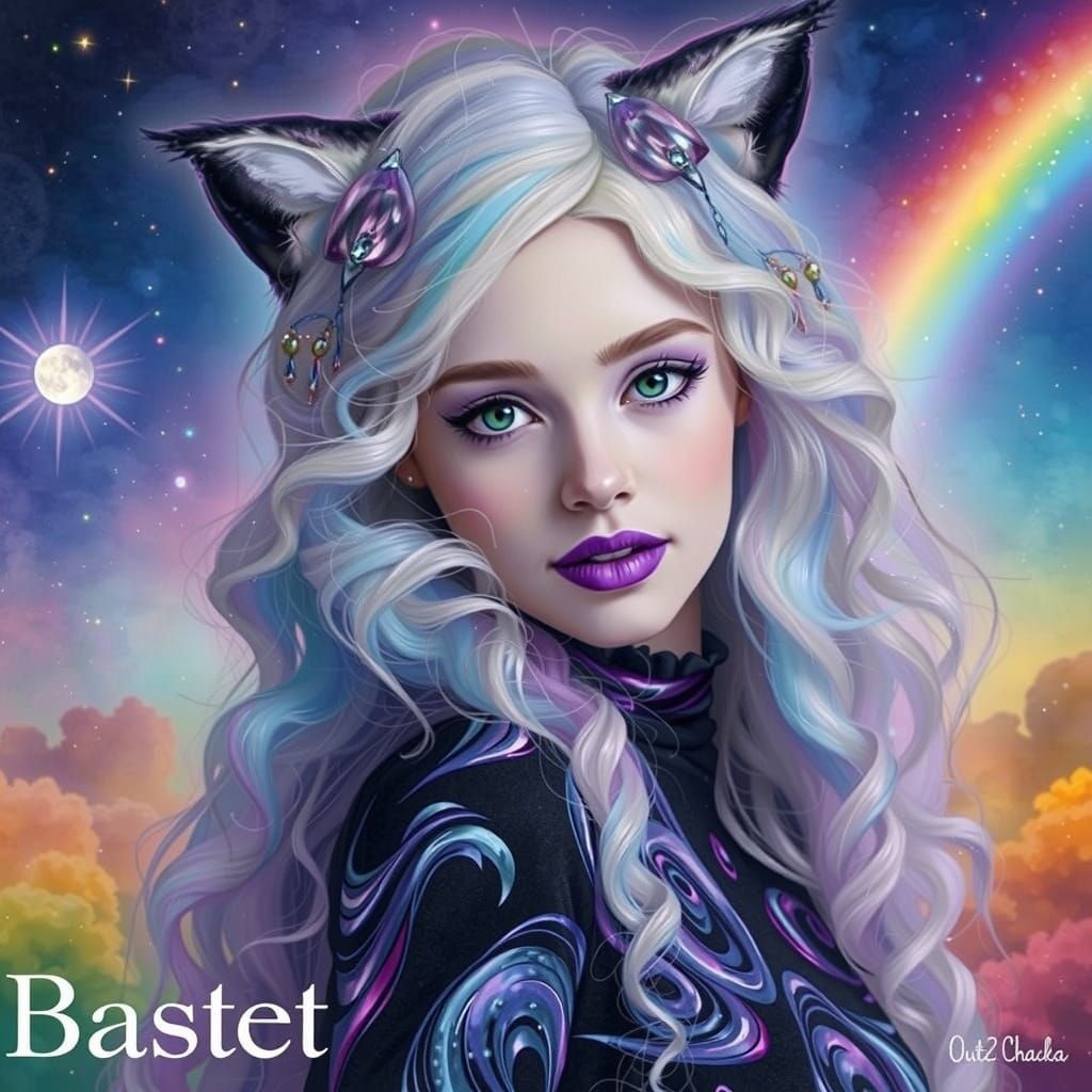 Ethereal Goddess with Feline Ears and Celestial Hair