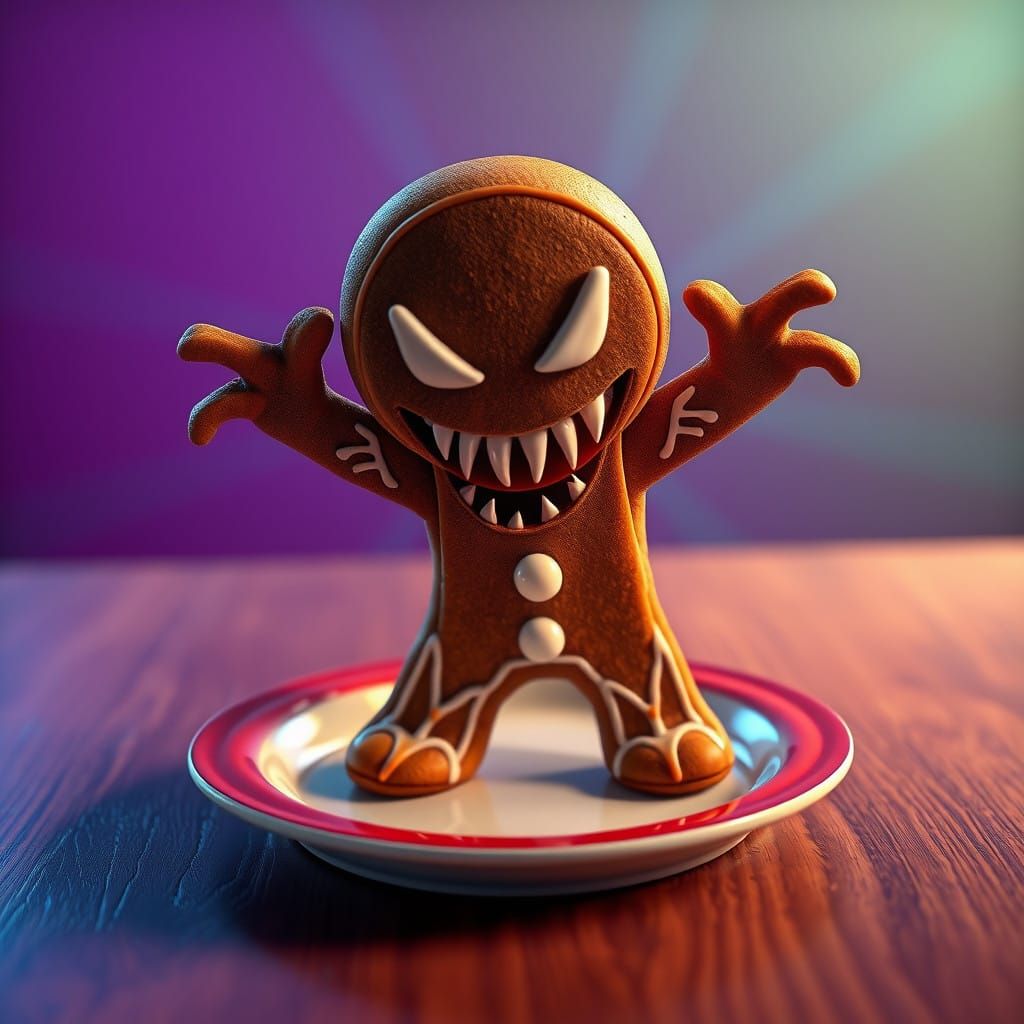Menacing Gingerbread-Man in a Vibrant 3D Digital Art Style