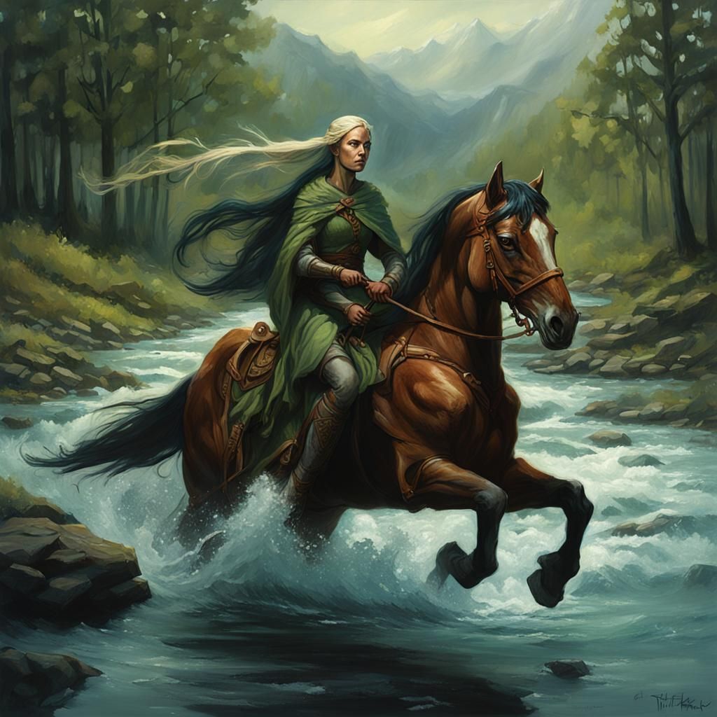 Elven Woman Riding Horse by River
