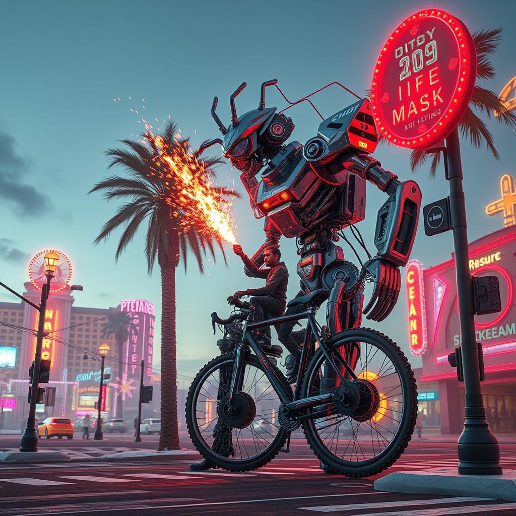 Gigantic Bicycle Robot in Neon City Wasteland