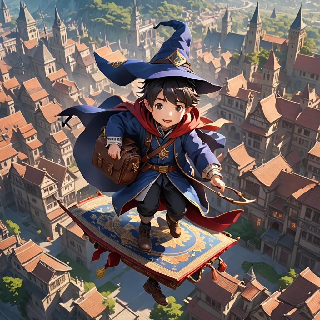 Anime Boy Wizard on Flying Carpet to School