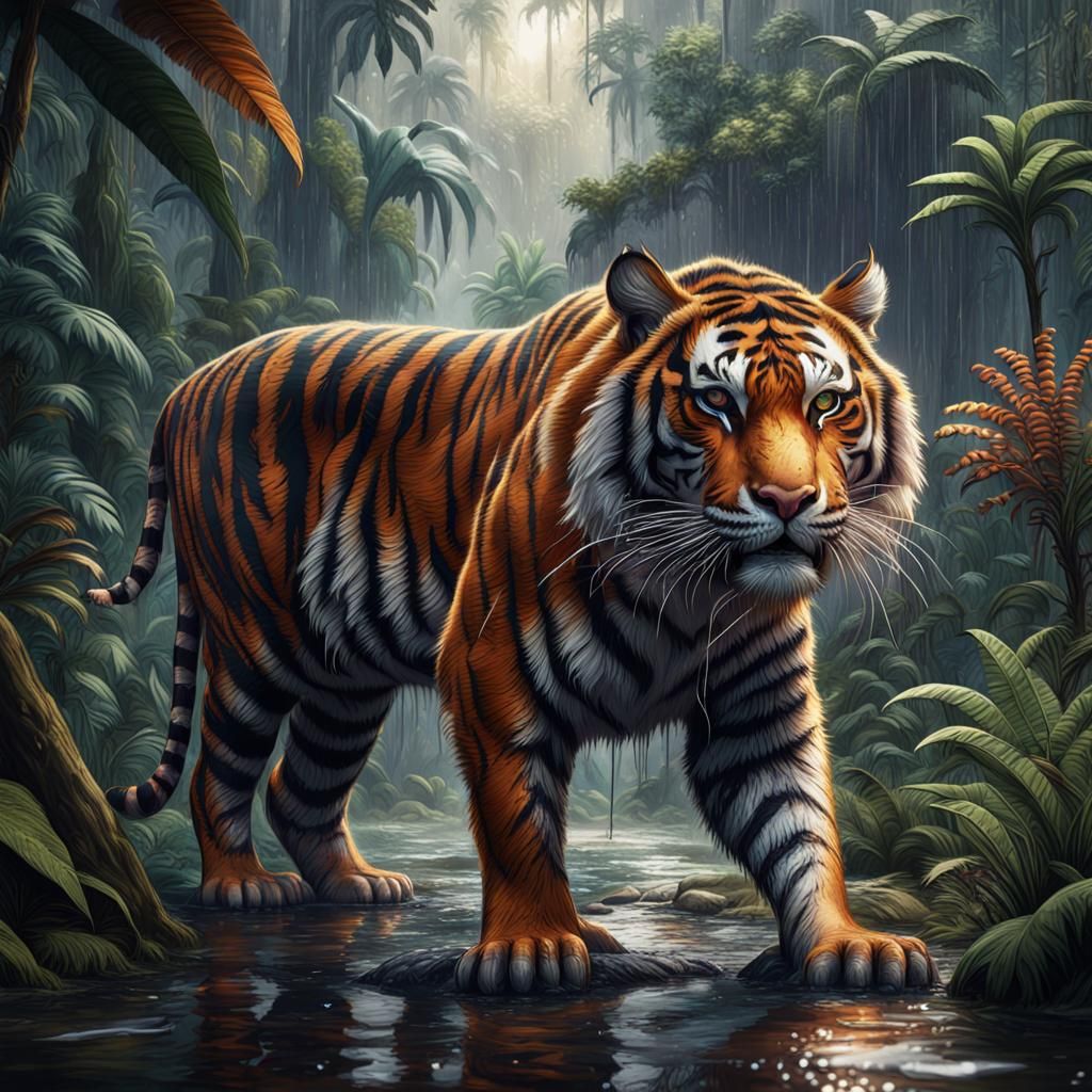 Tiger in Rainforest: Detailed Fantasy Concept Art