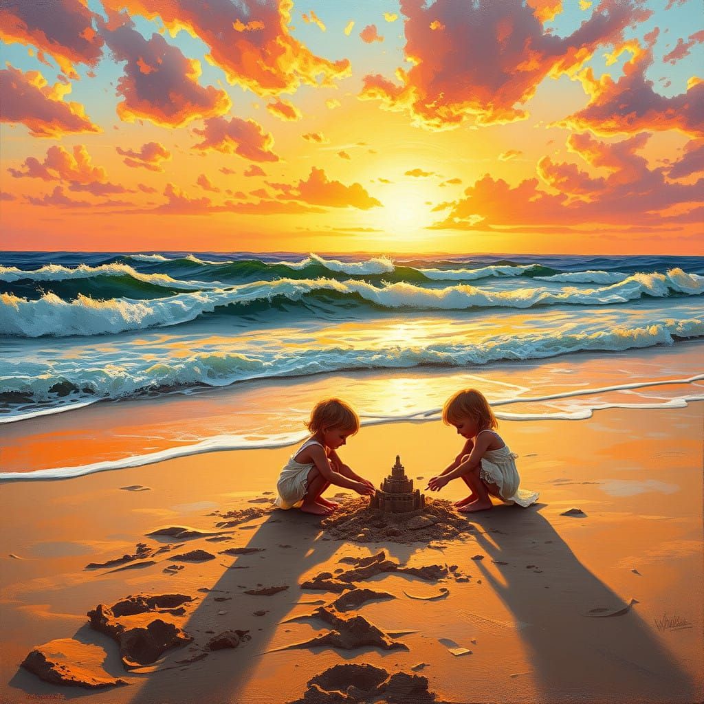Romantic Sunset Beach Scene with Innocent Children Building...