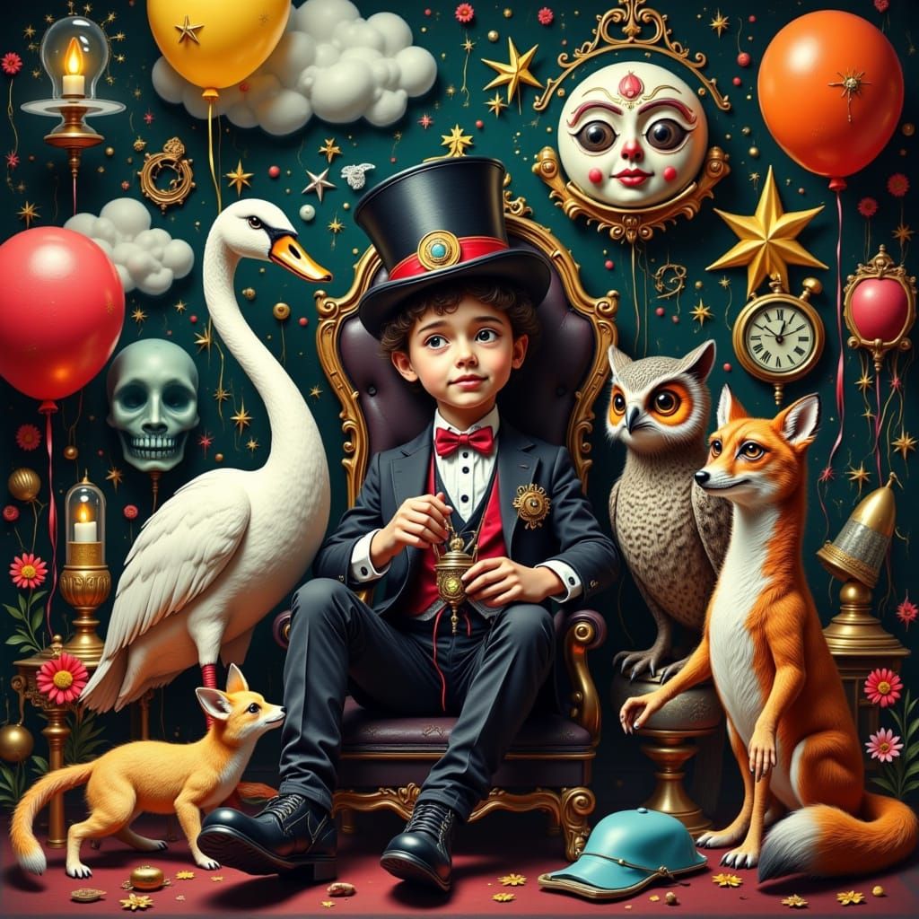 Whimsical Surrealist Scene with Fantastical Creatures and Go...