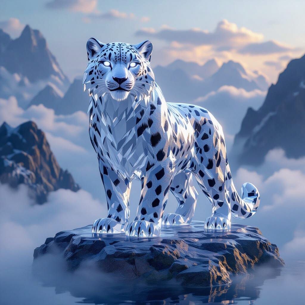 Crystal Snow Leopard Statue on Floating Island