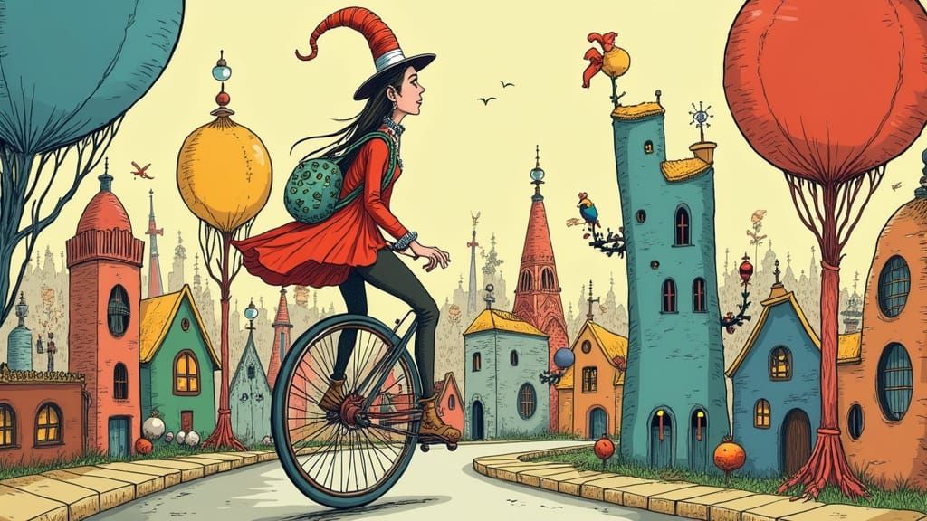 Whimsical Woman Rides Unicycle in Dr. Seuss Style