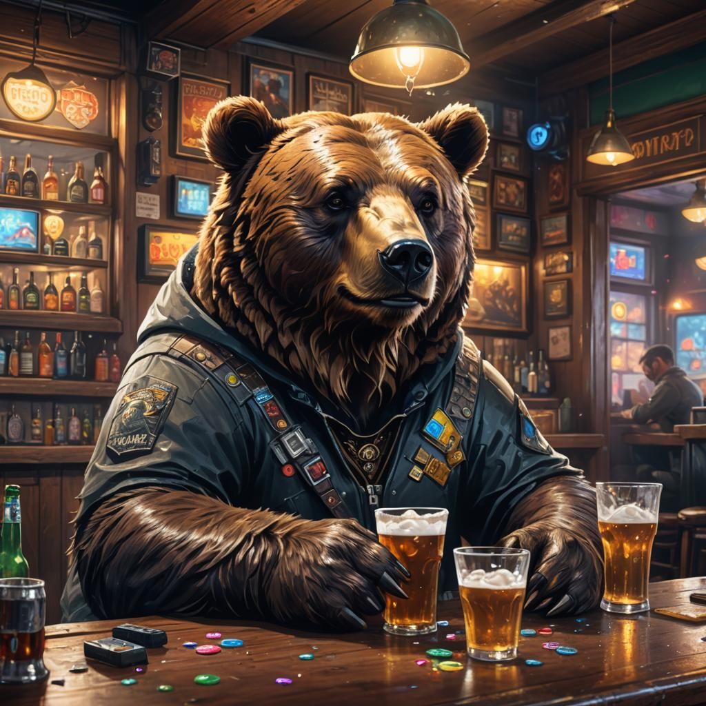 Hyperrealistic Bear Gamer in Pub Splash Art
