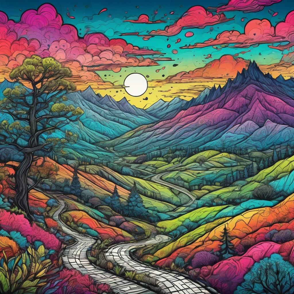 Comicbook Style Fantasy Landscape with Doodle Elements