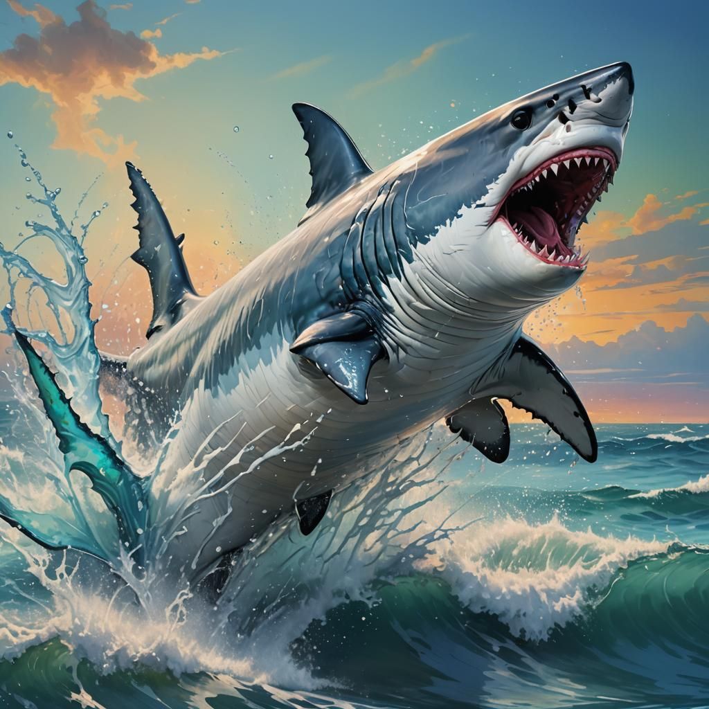 Hyperrealistic Great White Shark Horse Splash Art