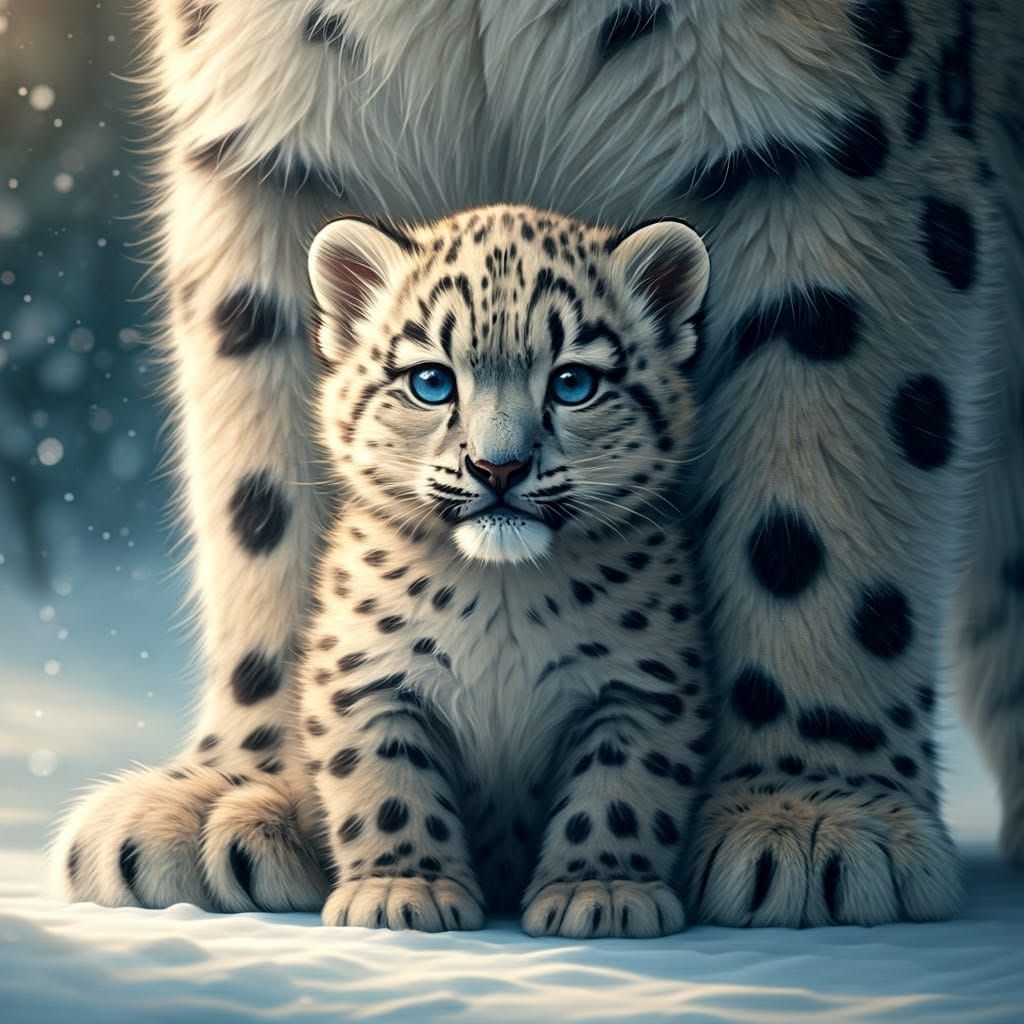 Fluffy Snow Leopard Cub in Snowy Forest