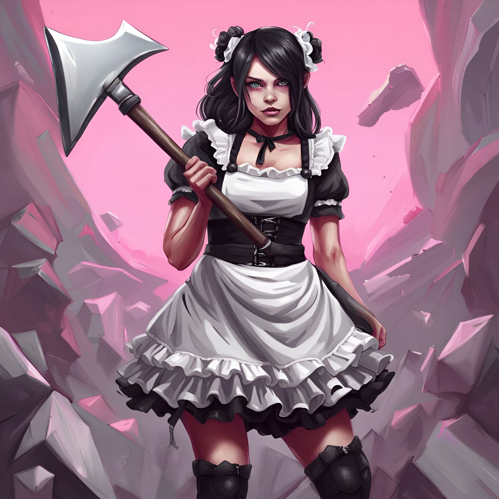 Half-Orc Maid with Battle Axe in Kawaii Style
