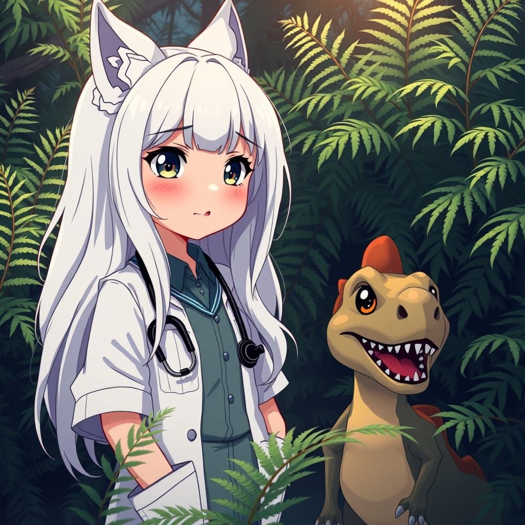 Anime Dino Doctor with Wolf Ears in Cel-Shaded Style