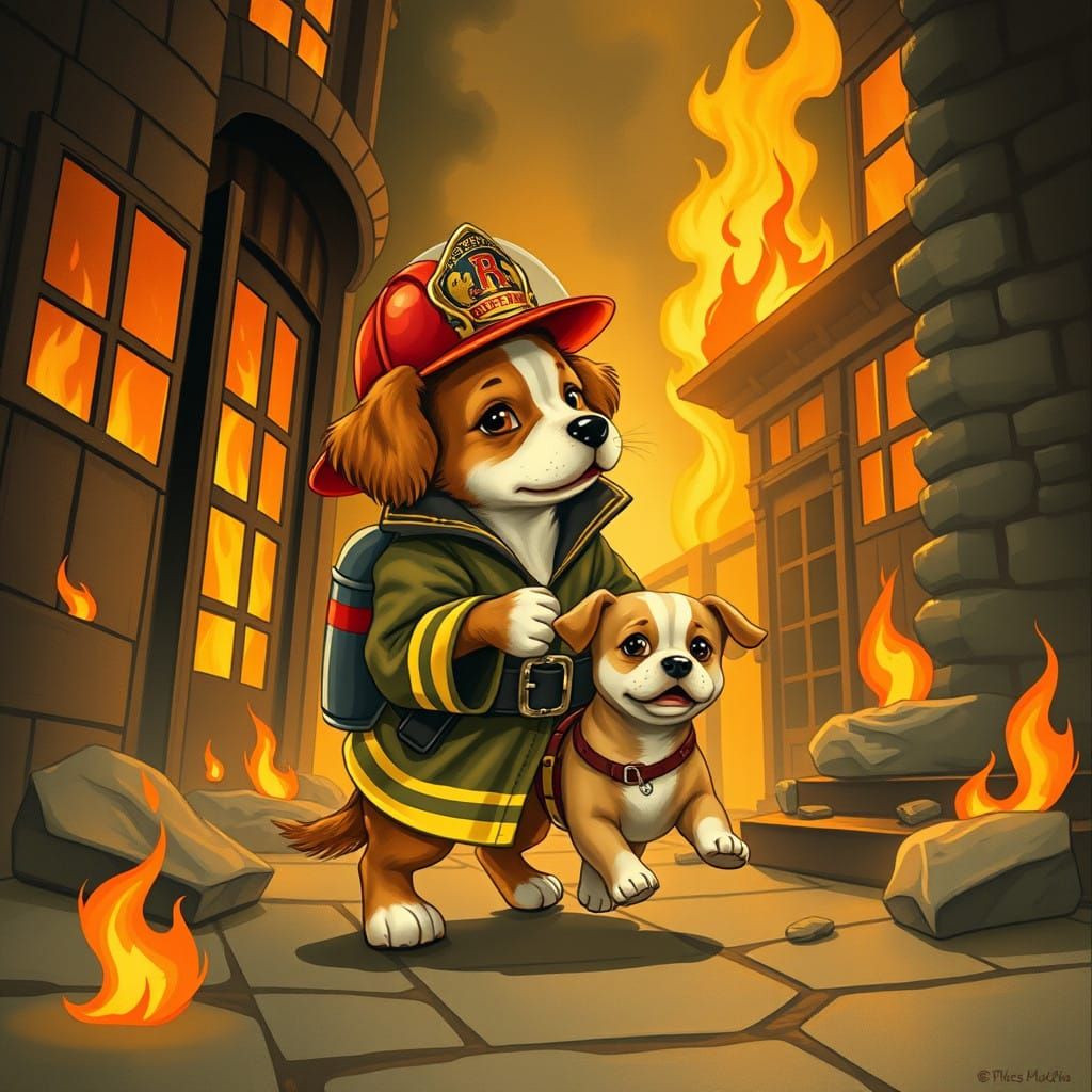Firefighter Dog Rescues Puppy in Elegant Art Nouveau Style