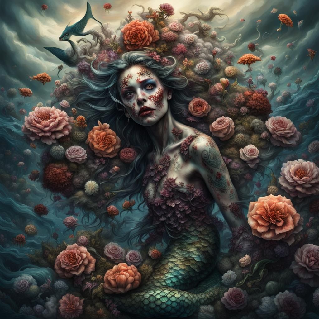 Hyperrealistic Zombie Mermaid in Atmospheric Cloud
