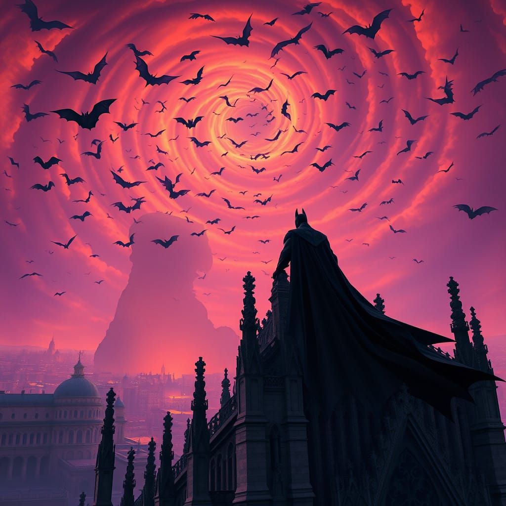 Dark Knight Batman Amidst Gothic Barcelona Cathedral and Whi...