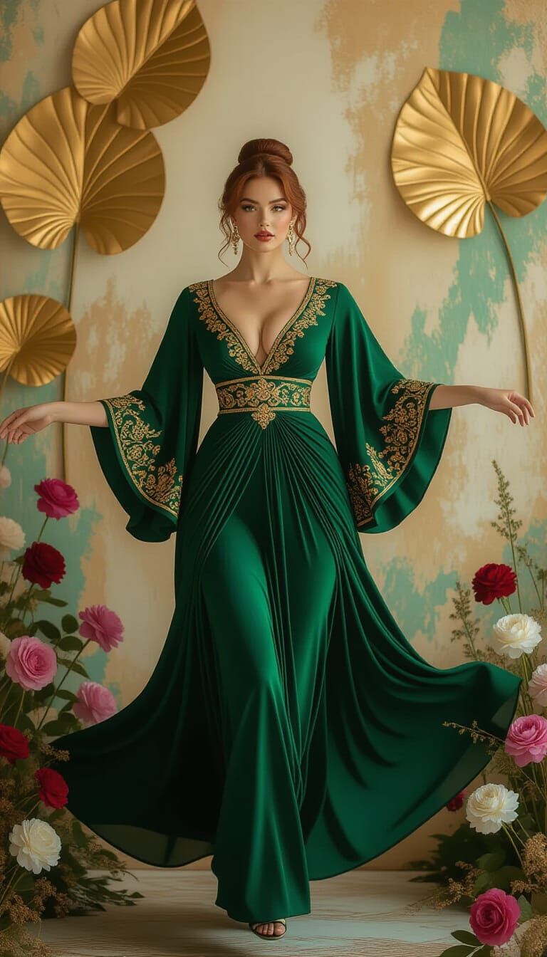 Ethereal Portrait of Woman in Emerald Gown