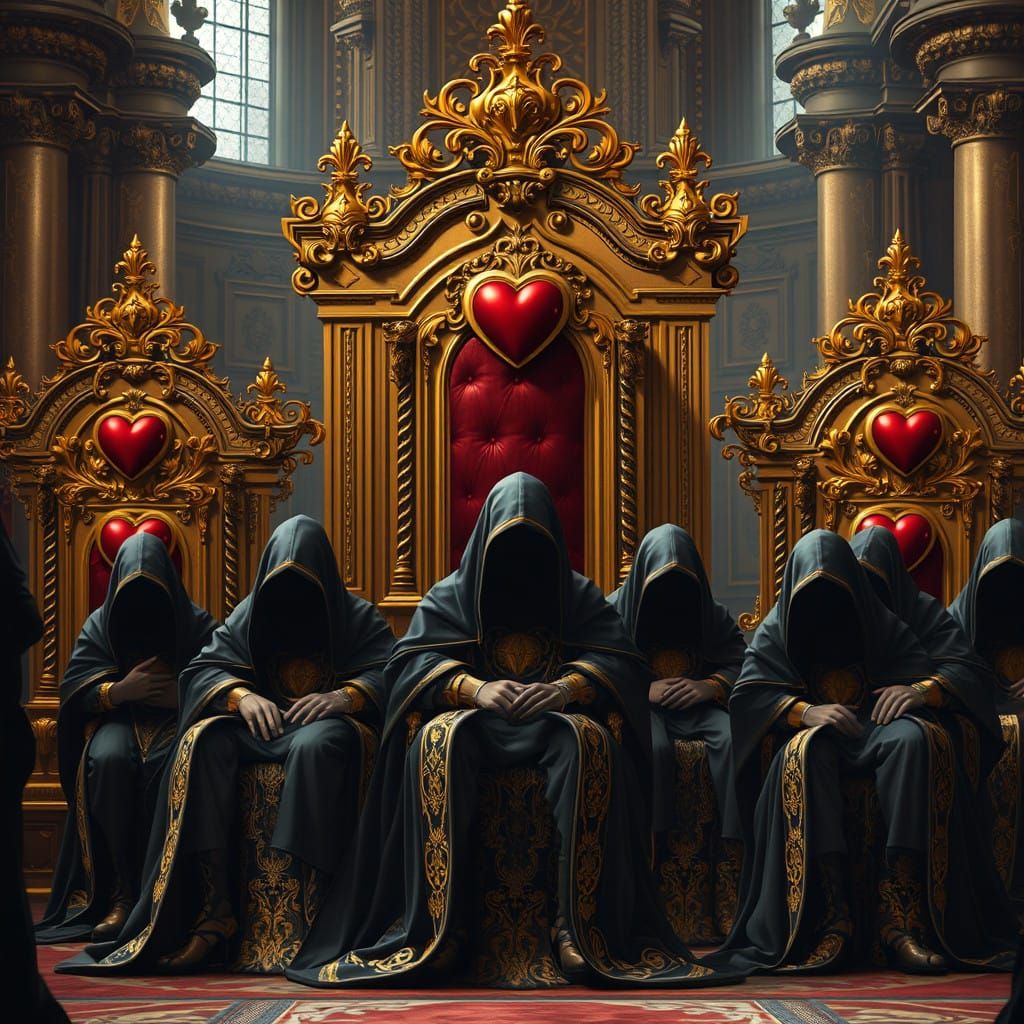 Regal Thrones in Golden Empire with Ornate Filigree and Ruby...