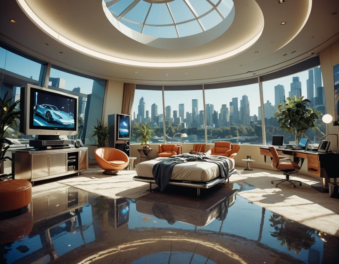 Futuristic Bedroom with Indoor Pool in Syd Mead Style