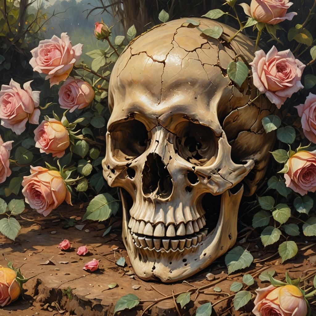 Memento Mori: Roses Bloom from Skull, Oil Painting