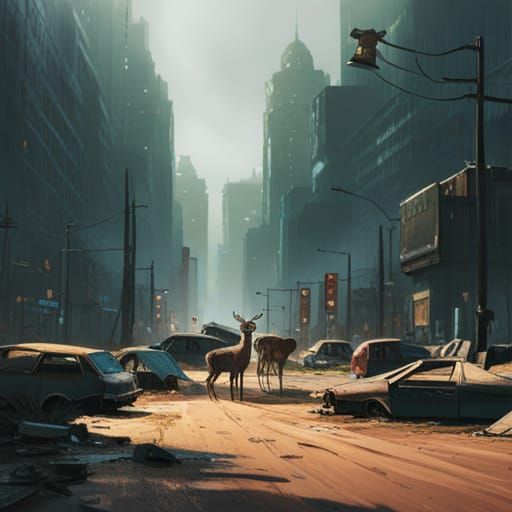Lost Deer in Overgrown Post-Apocalyptic City