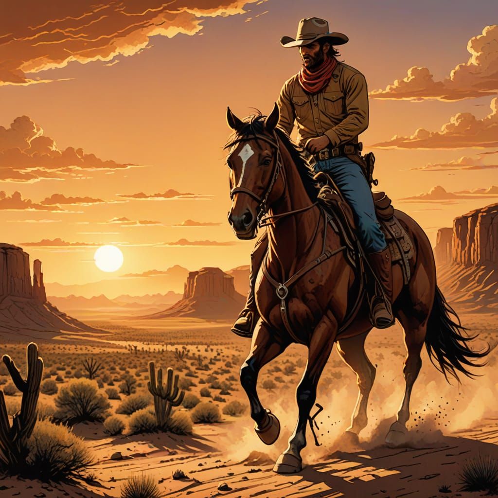 Lone Rider in Desert Landscape: Comic Book Art