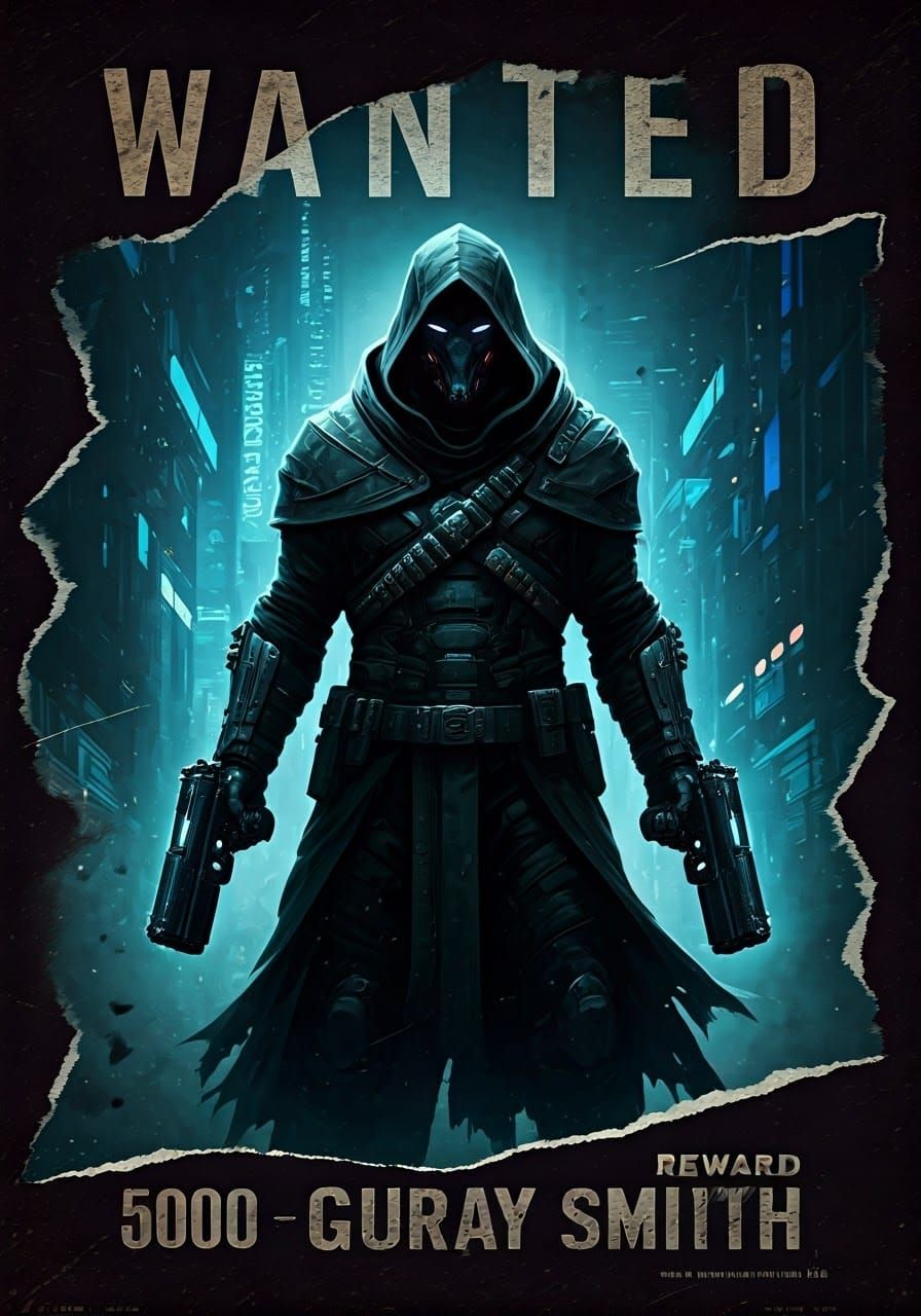 Cyborg Gunslinger Wanted Poster in Gritty Sci-Fi Style