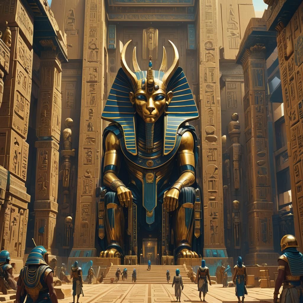 Pharaoh and Anubis in Grand Temple, Digital Matte Painting