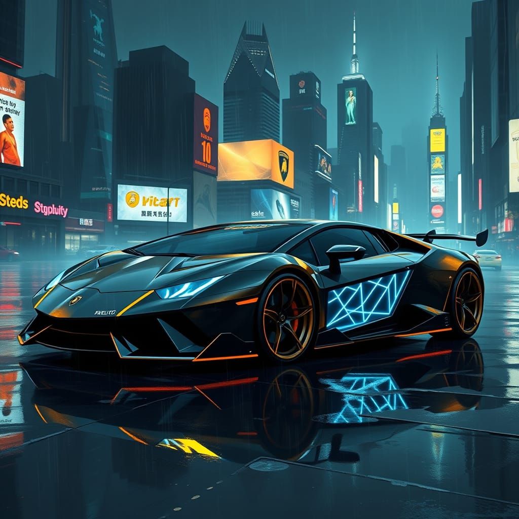 Sleek, Black and Gold Lamborghini Revuelto in Dystopian Metr...