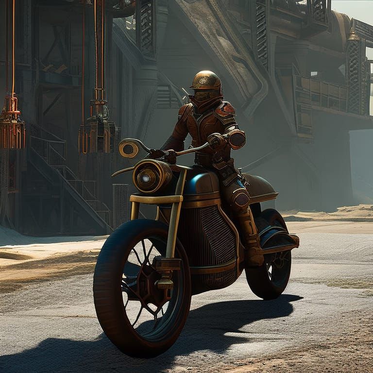 steampunk motorbike in a steampunk gas station before a steampunk futuristic city