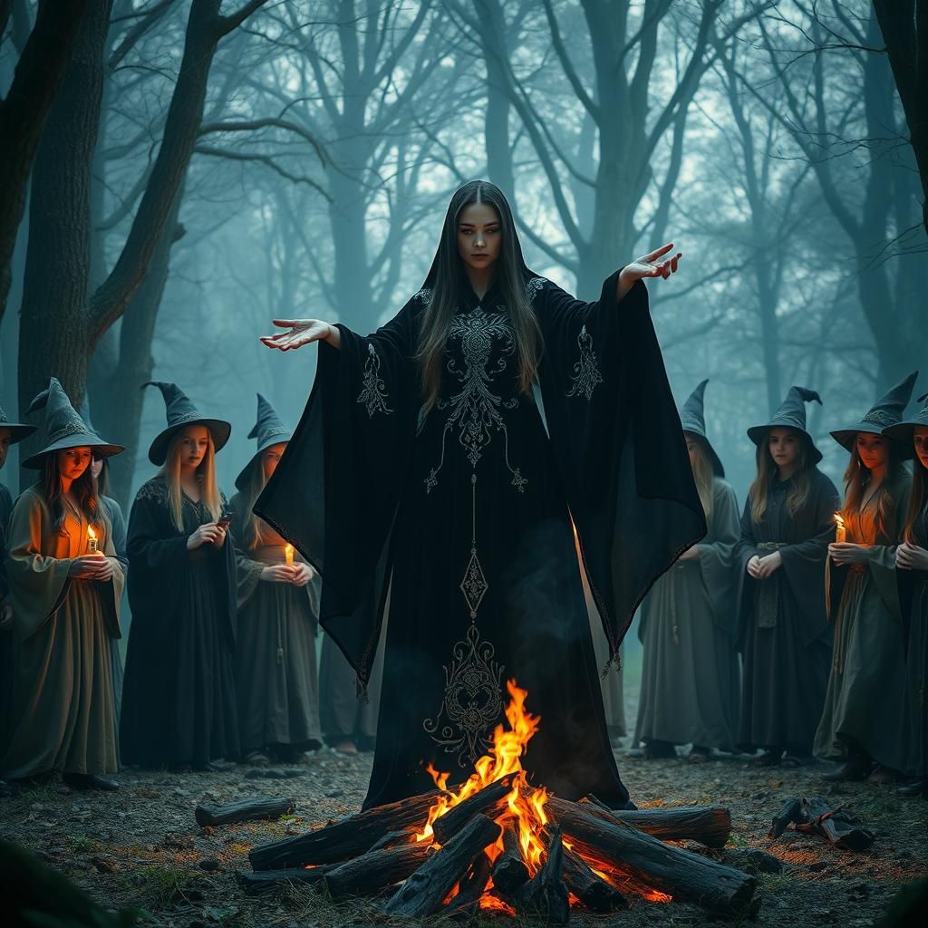 Mystical Witch Priestess at Bonfire: High Fantasy Art