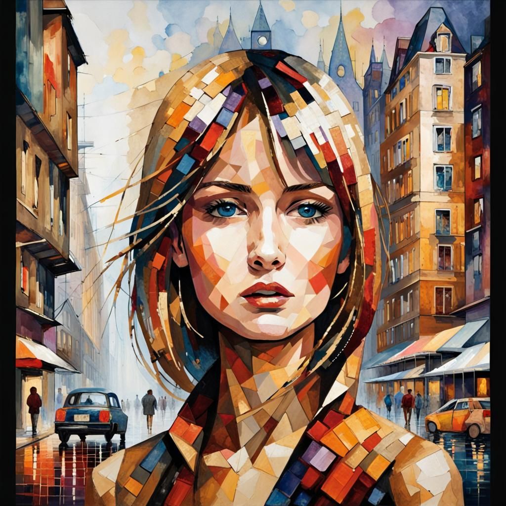 Girl in Maximalist Style Cityscape, Watercolor Art
