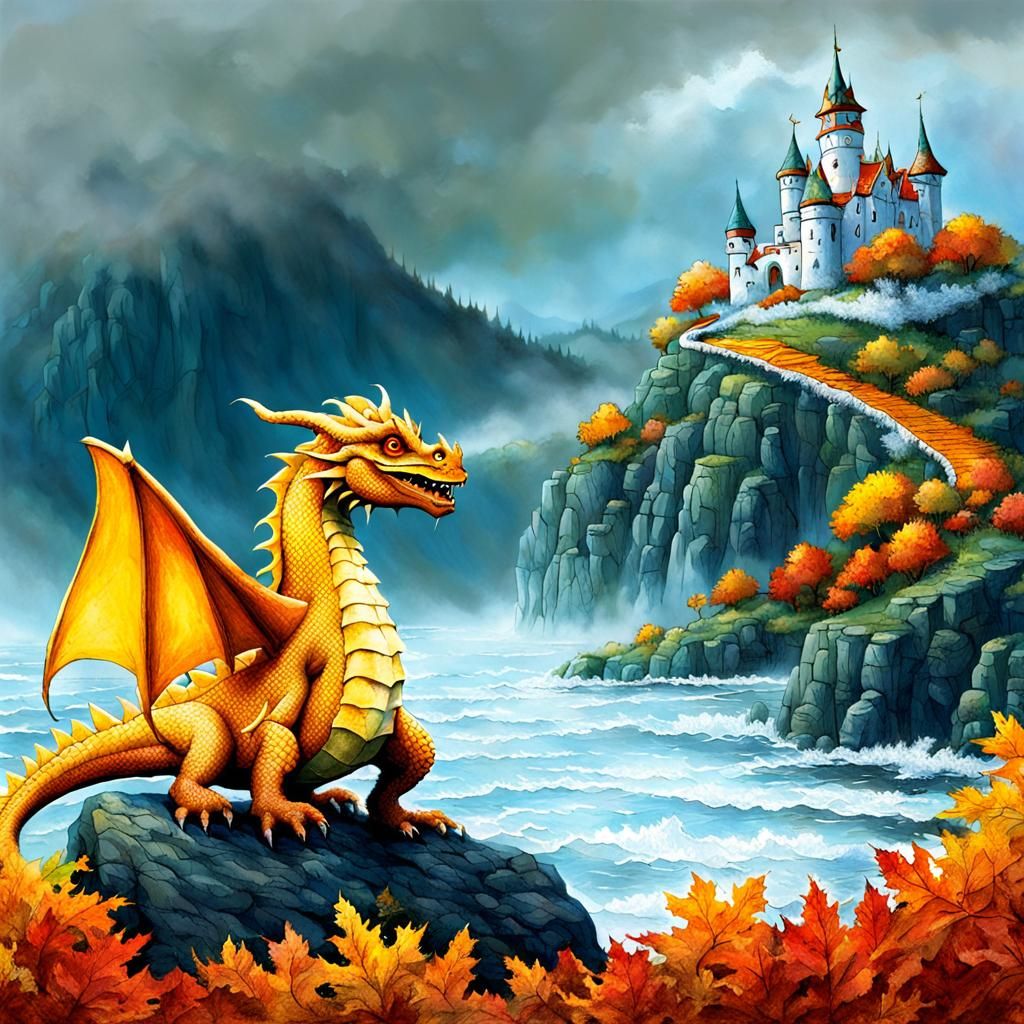 Magic Dragon Frolicking in Autumn Mist