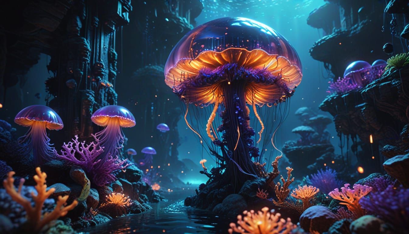 panorama of a fantastical deep-sea city located in the darkest abysses of the ocean.