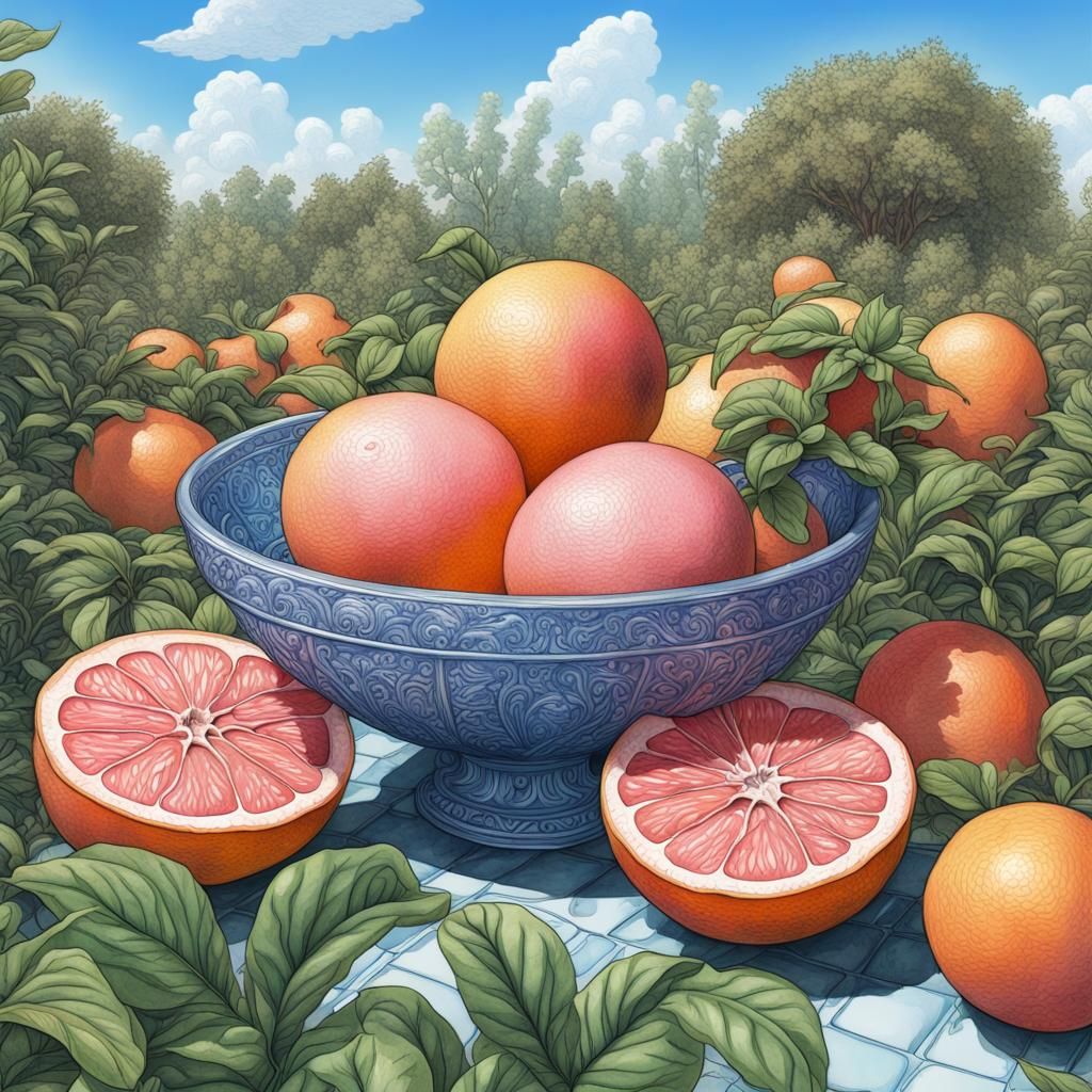 Pink Grapefruit Still Life: Watercolor Garden Scene