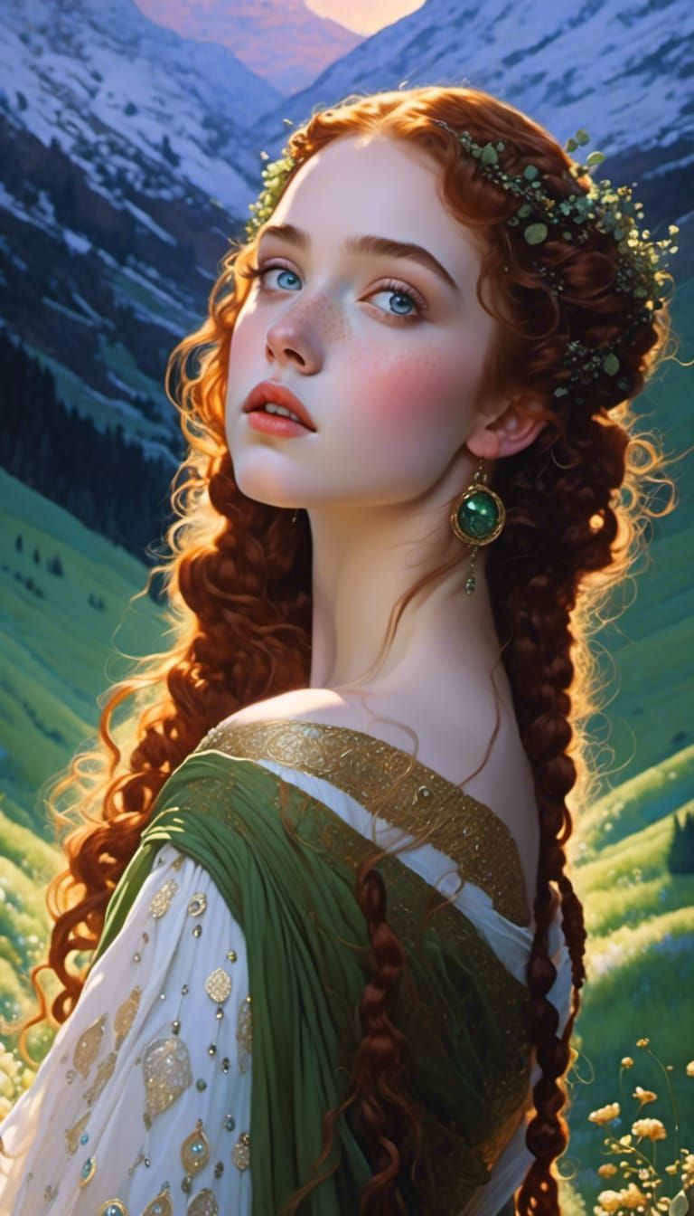 Freckled Girl with Braids at Sunset: Hyperrealistic Portrait