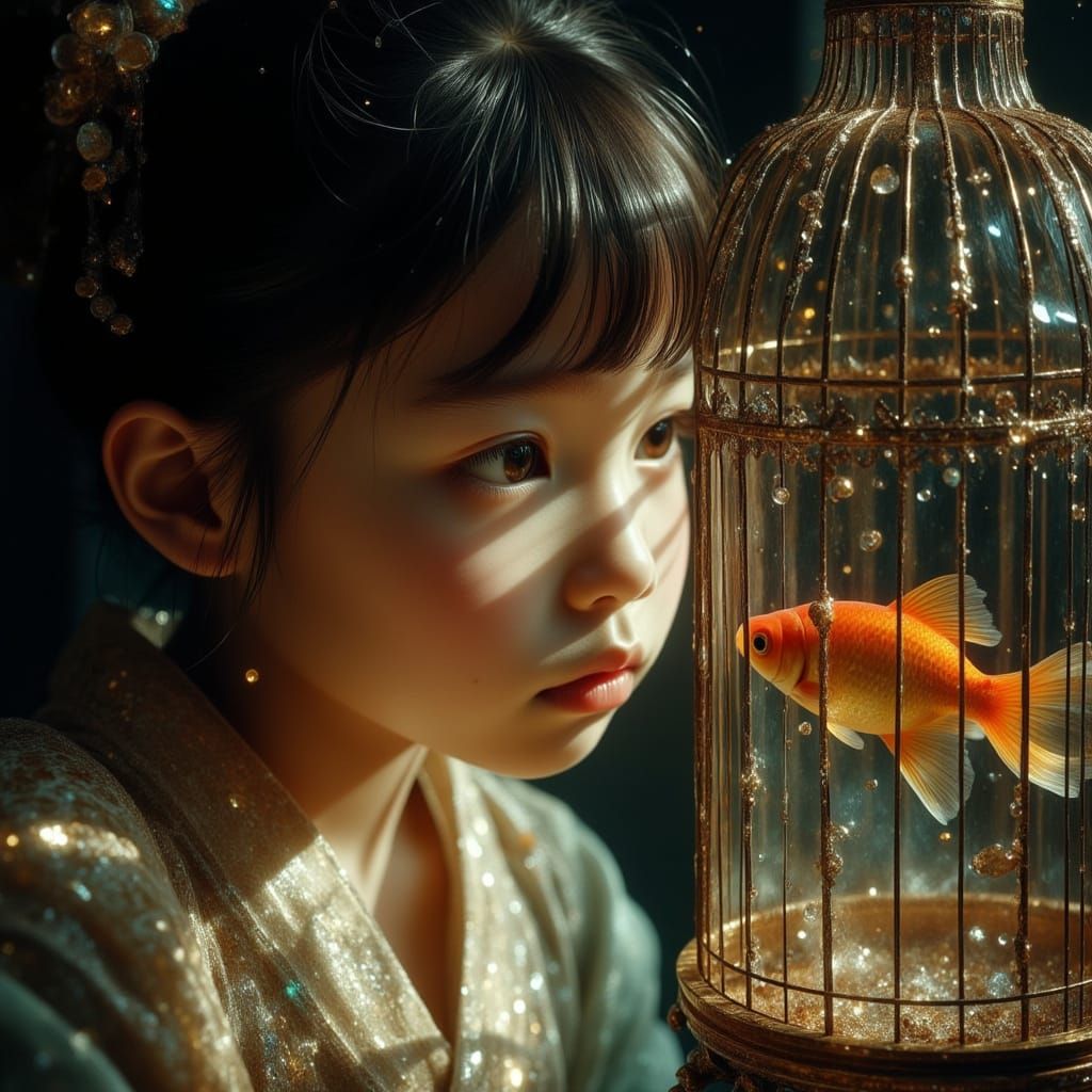 Japanese Child Gazes at Goldfish in Antique Birdcage