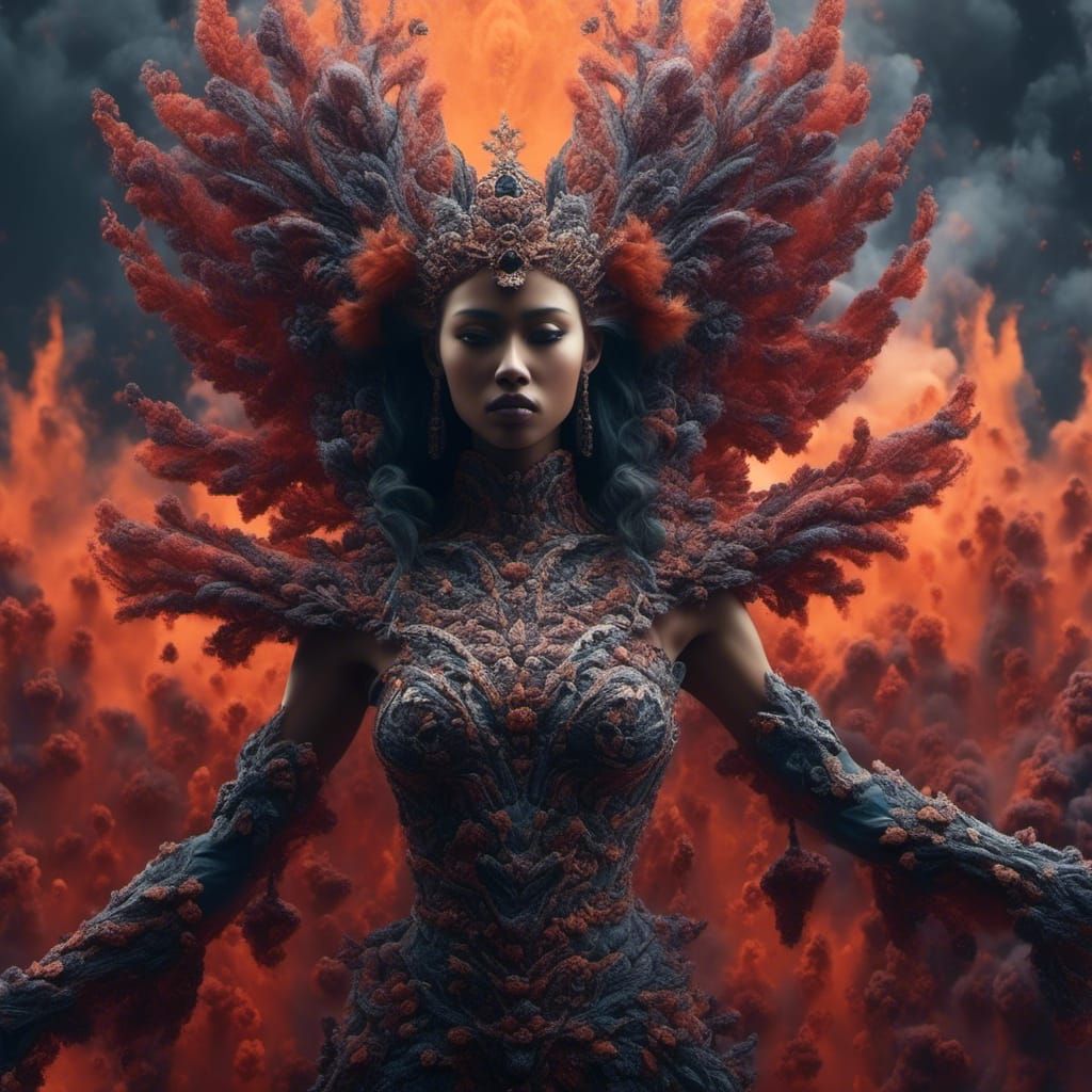 Blonde Genie Rising From Orange Smoke, Detailed Digital Art