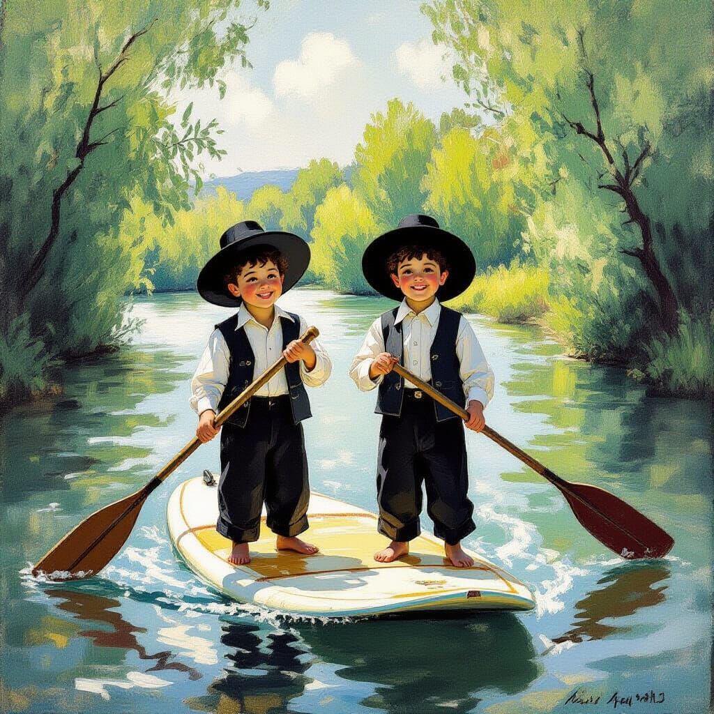Boys Surf Jordan River in Dreamlike Impressionist Scene