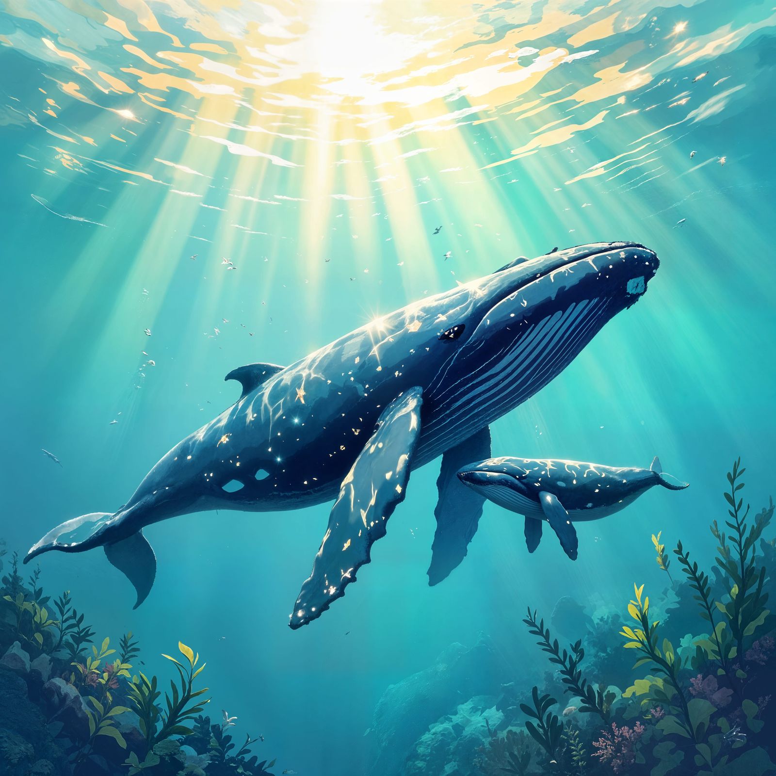 Humpback Whale Mother and Calf in Sunlit Ocean