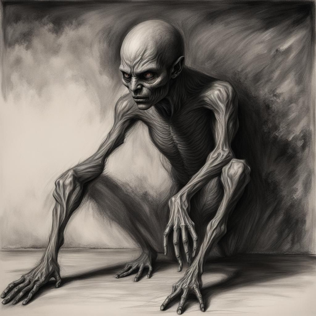 Hyperdetailed Charcoal Drawing of Shadow Creature