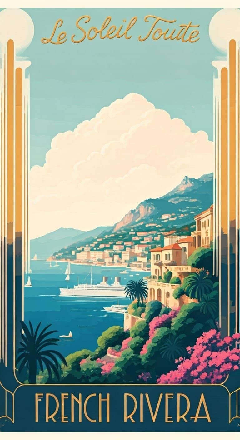 French Riviera Travel Poster in Art Deco Style