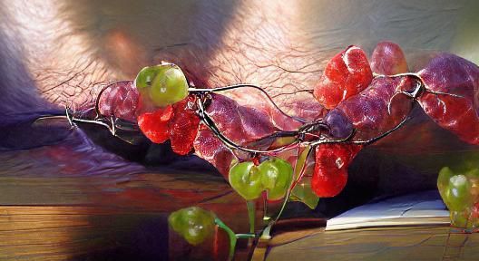 Hyperrealistic Painting of Red Grapes on Vine