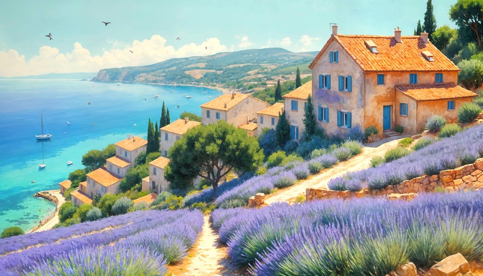 Mediterranean Hillside View in Impressionist Style