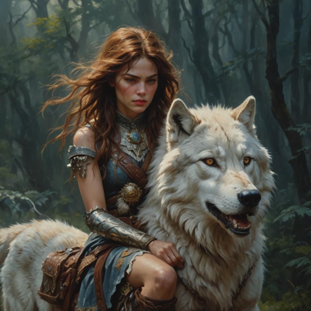 Woman riding a wolf