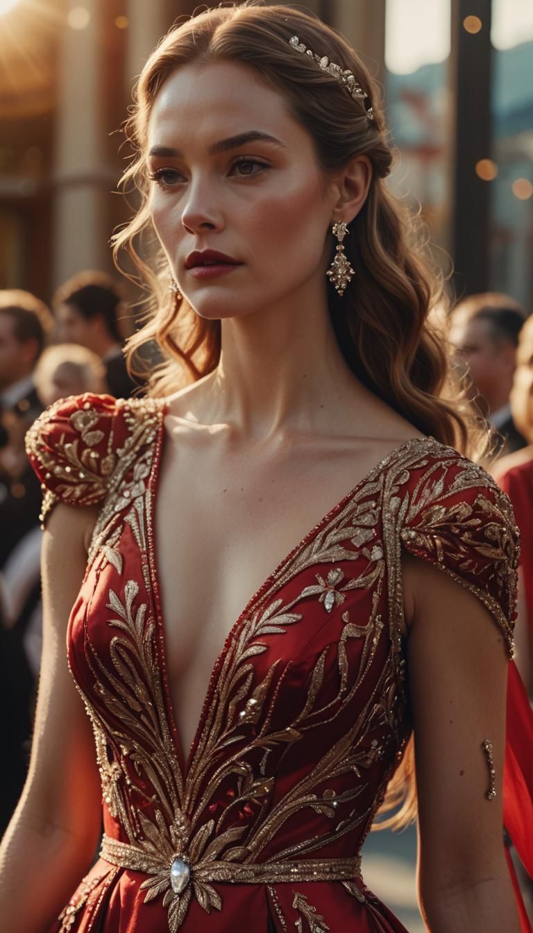 Elegant Woman in Red Gown: Hollywood Glamour