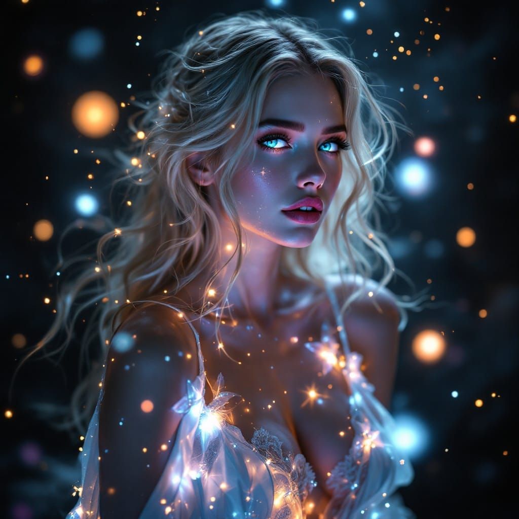Ethereal Blonde Goddess in Celestial Chemise Radiates Wonder