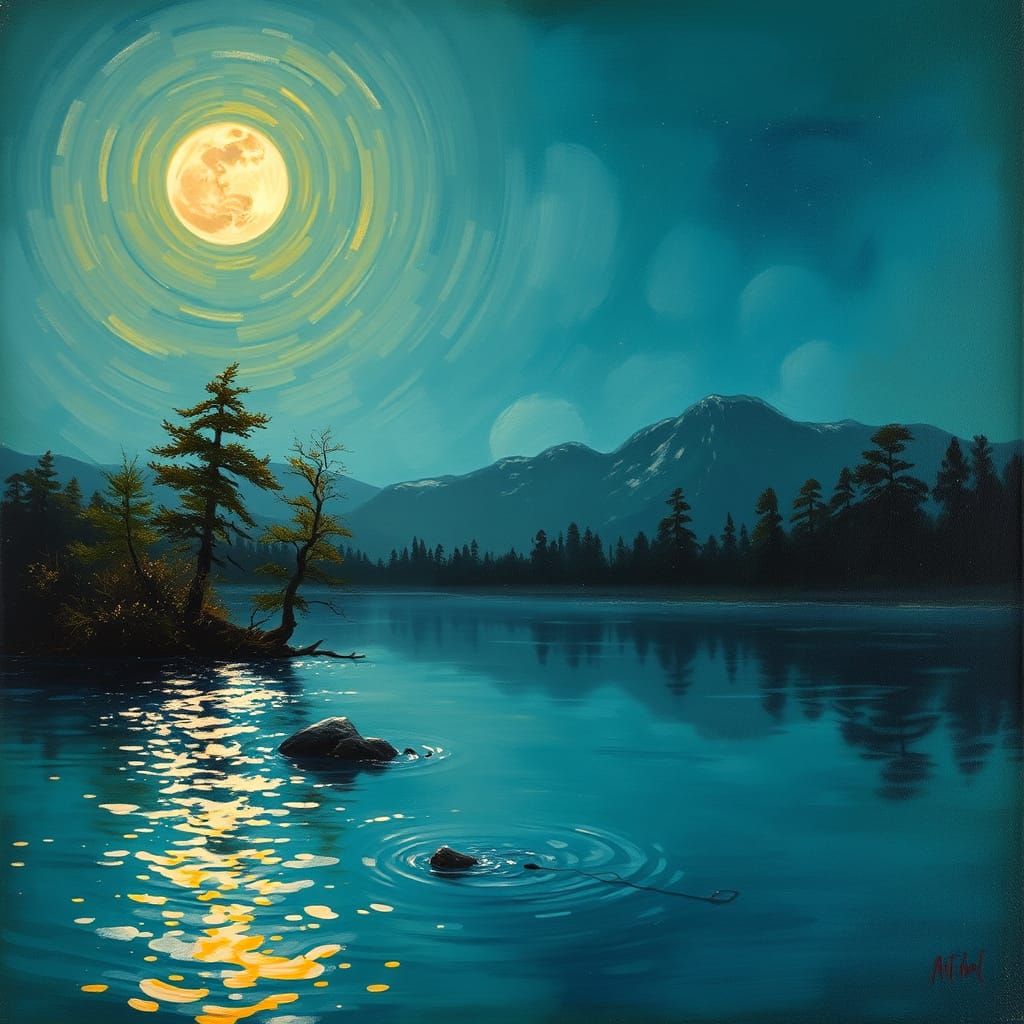 Essential moonlit impasto oil on the lake forming a stable p...