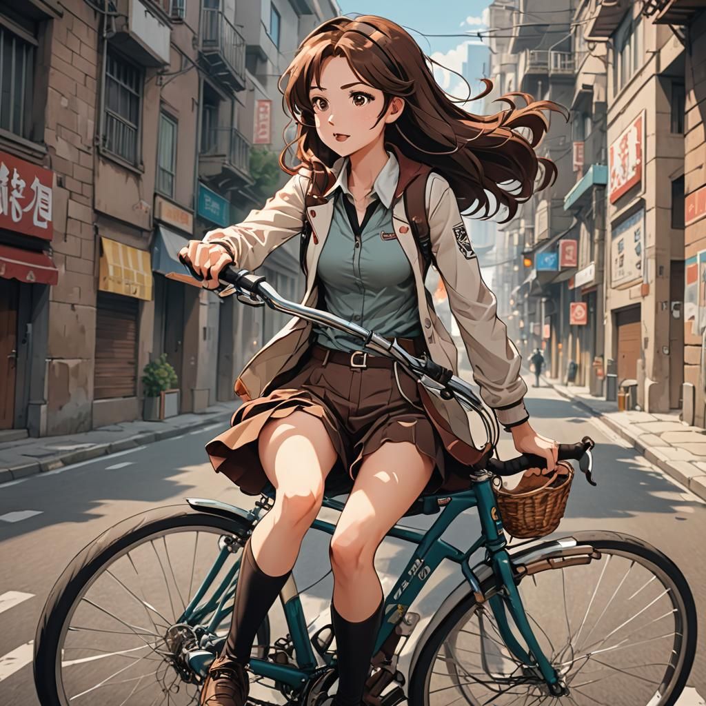 Anime Style Woman Rides Bike Cel-Shaded