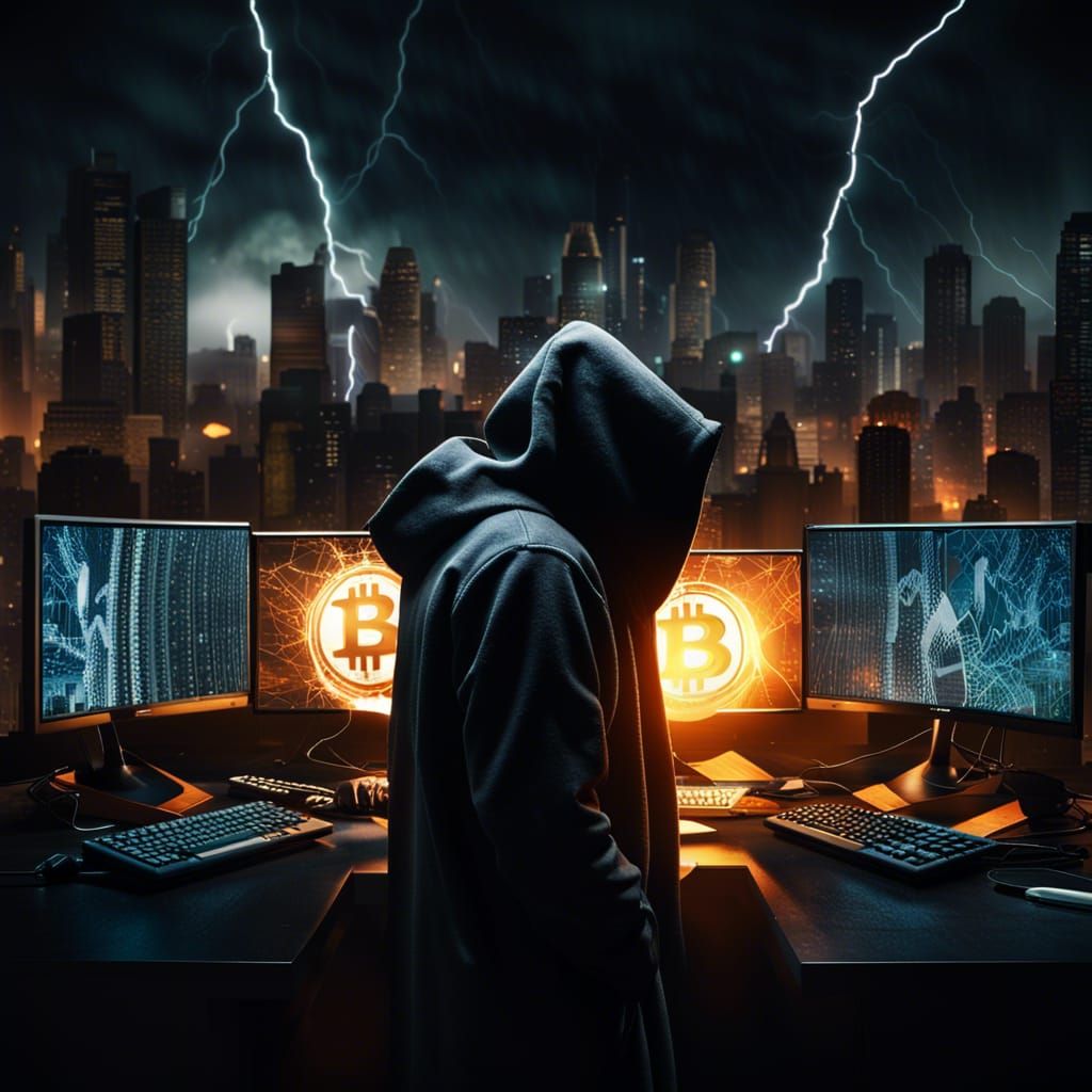 Hacker in Dark City with Bitcoin Logo, Photography