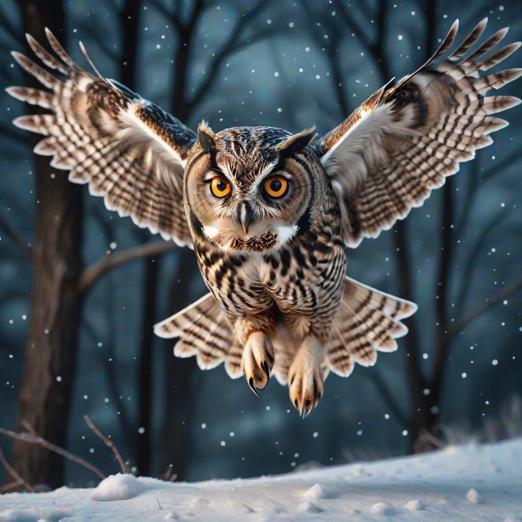 Hoot Owl in Flight over Frosty Winter Landscape